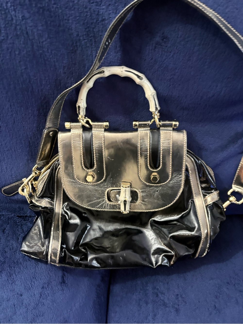 Black Patent Satchel Handbag with Top Handle and Crossbody Strap